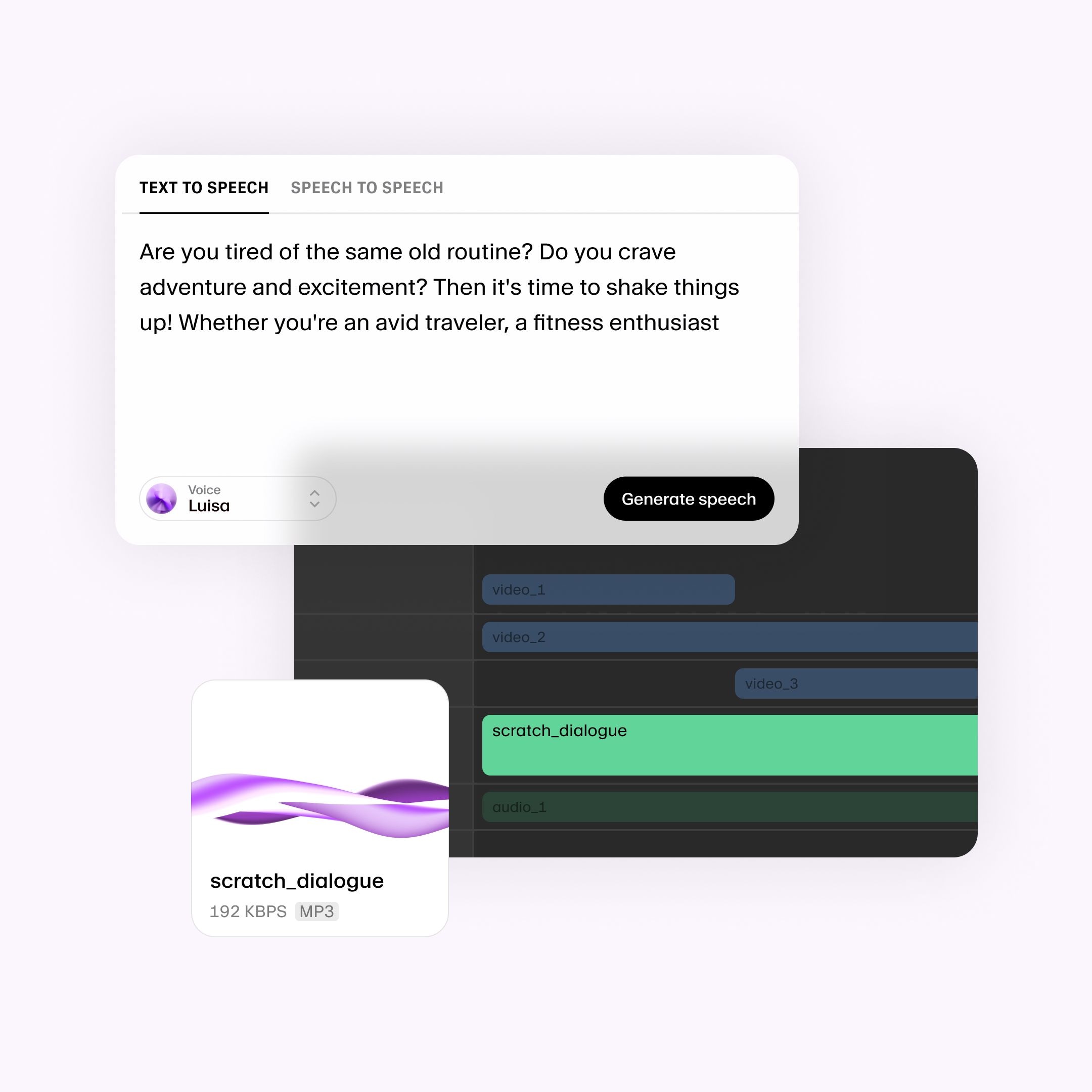 A screenshot of a text-to-speech interface with a script about adventure and excitement, a voice selection labeled "Luisa," a "Generate speech" button, and an audio file named "scratch_dialogue."