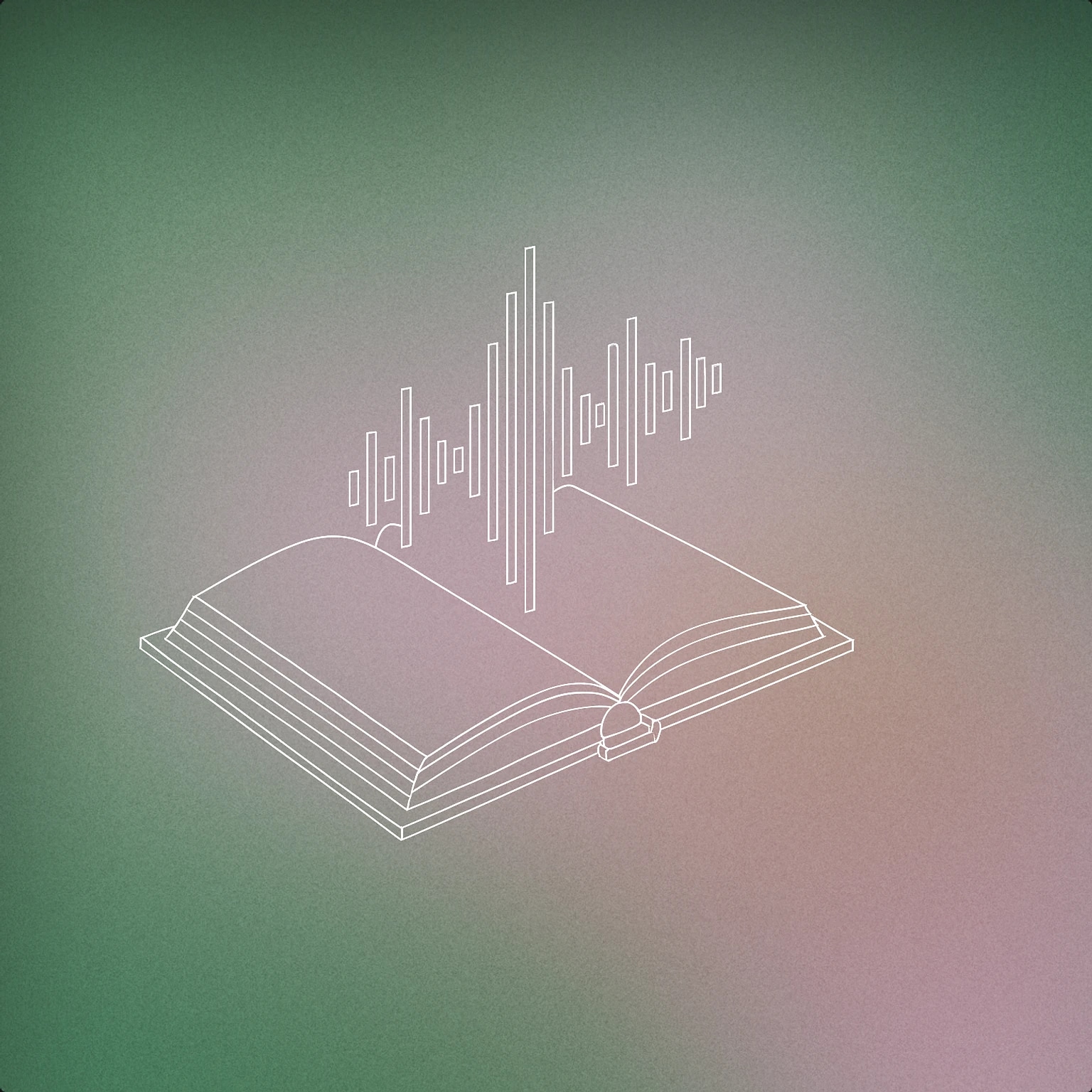 Cover of an open book with stylized soundwaves rising from its pages for Storyteller voice library