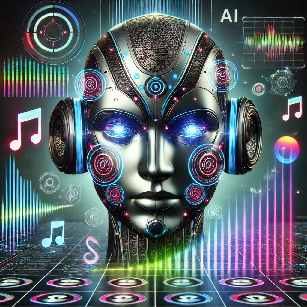 A futuristic AI-themed digital artwork featuring a robotic face with headphones, surrounded by colorful sound waves, musical notes, and holographic data visualizations.