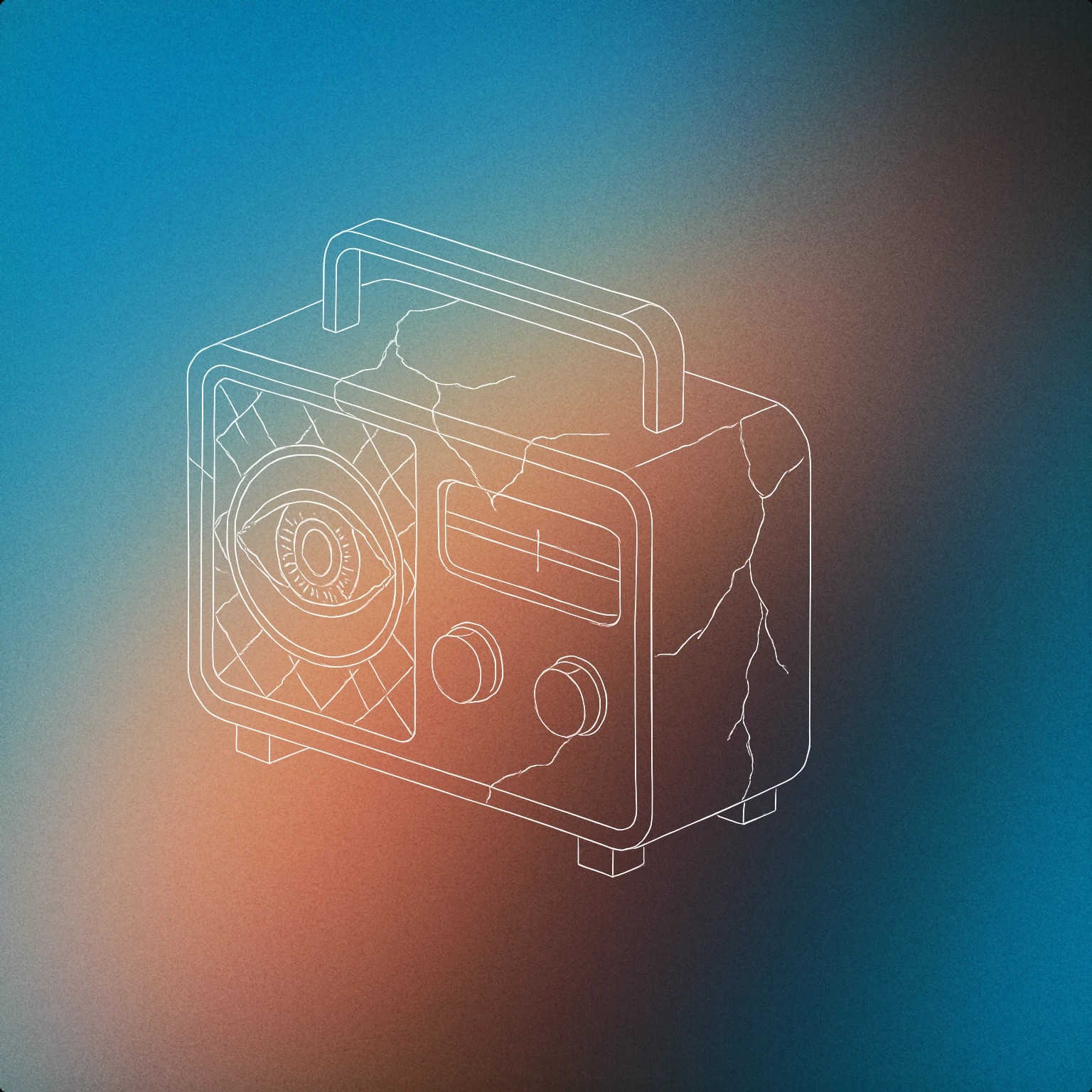 Cover of a cracked, old-fashioned radio with a single ominous eye in the speaker grille for Horror sound effects