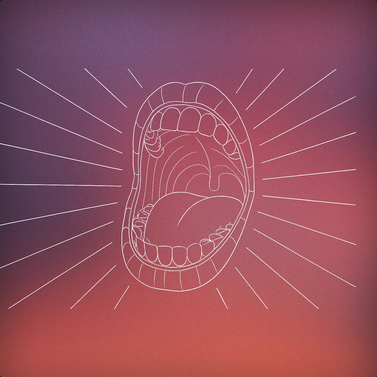 Cover of an open human mouth with stylized, exaggerated lines radiating outward to suggest intense vocalization for Screaming voice library
