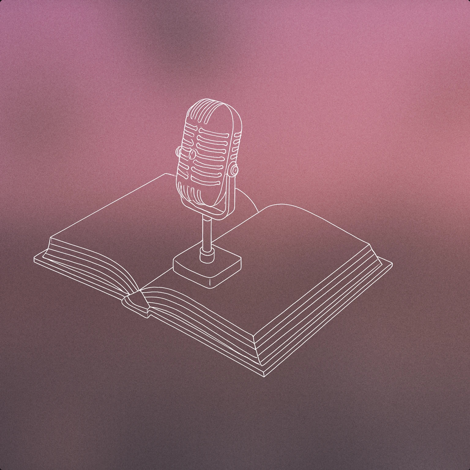 Cover of open hardcover book with a classic studio microphone standing upright on its pages for Documentary narrator voice library