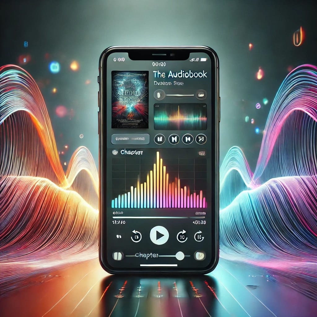 A smartphone displaying an audiobook app with colorful sound wave visuals, set against a vibrant, abstract digital background.