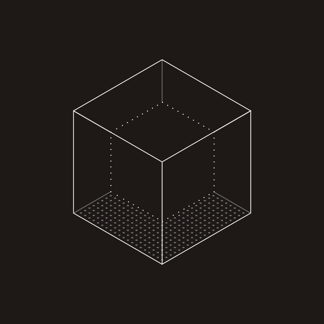 Isometric wireframe cube with dotted hidden edges and a gridded base.