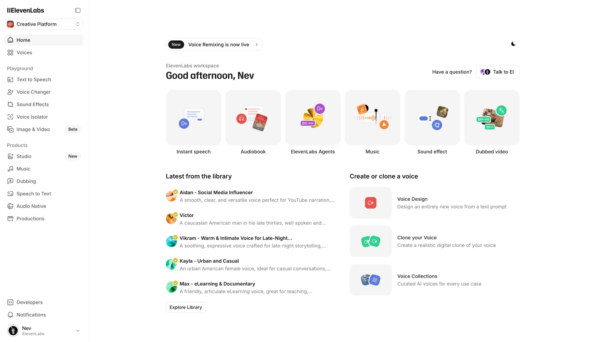 Screenshot of the ElevenLabs Creative Platform