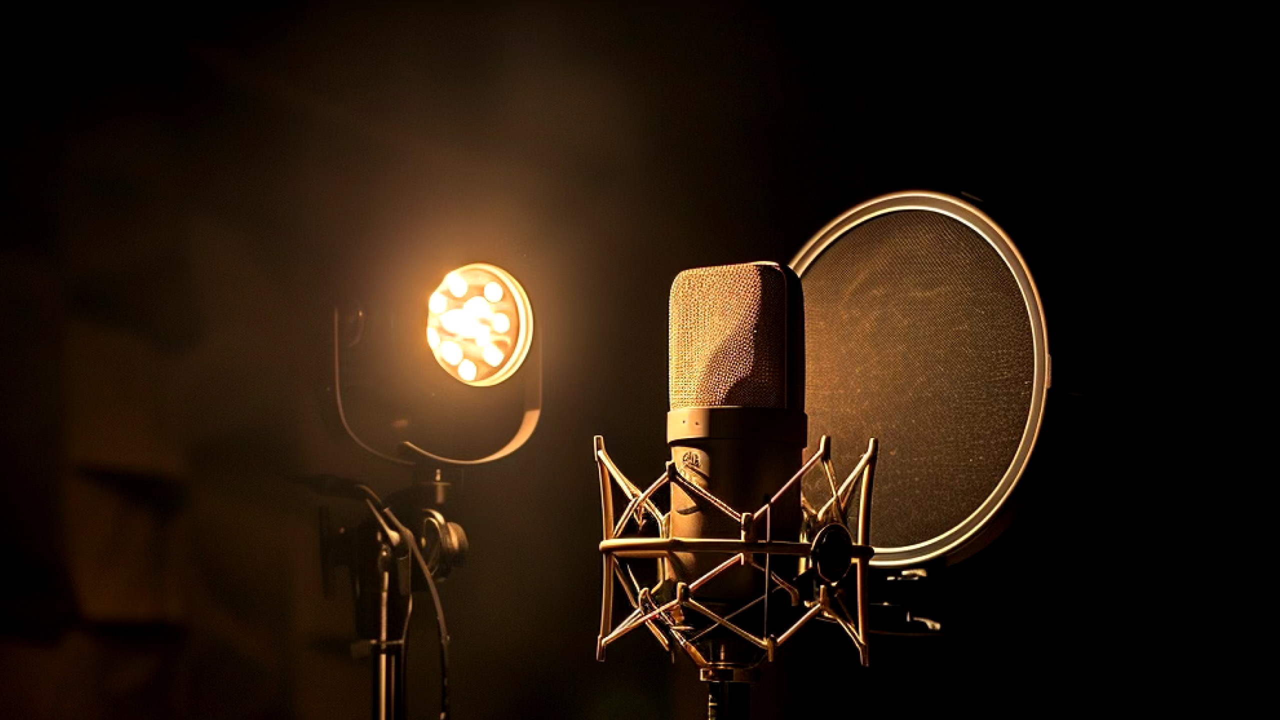 A professional studio microphone with a pop filter and a large light source in a dark recording environment.