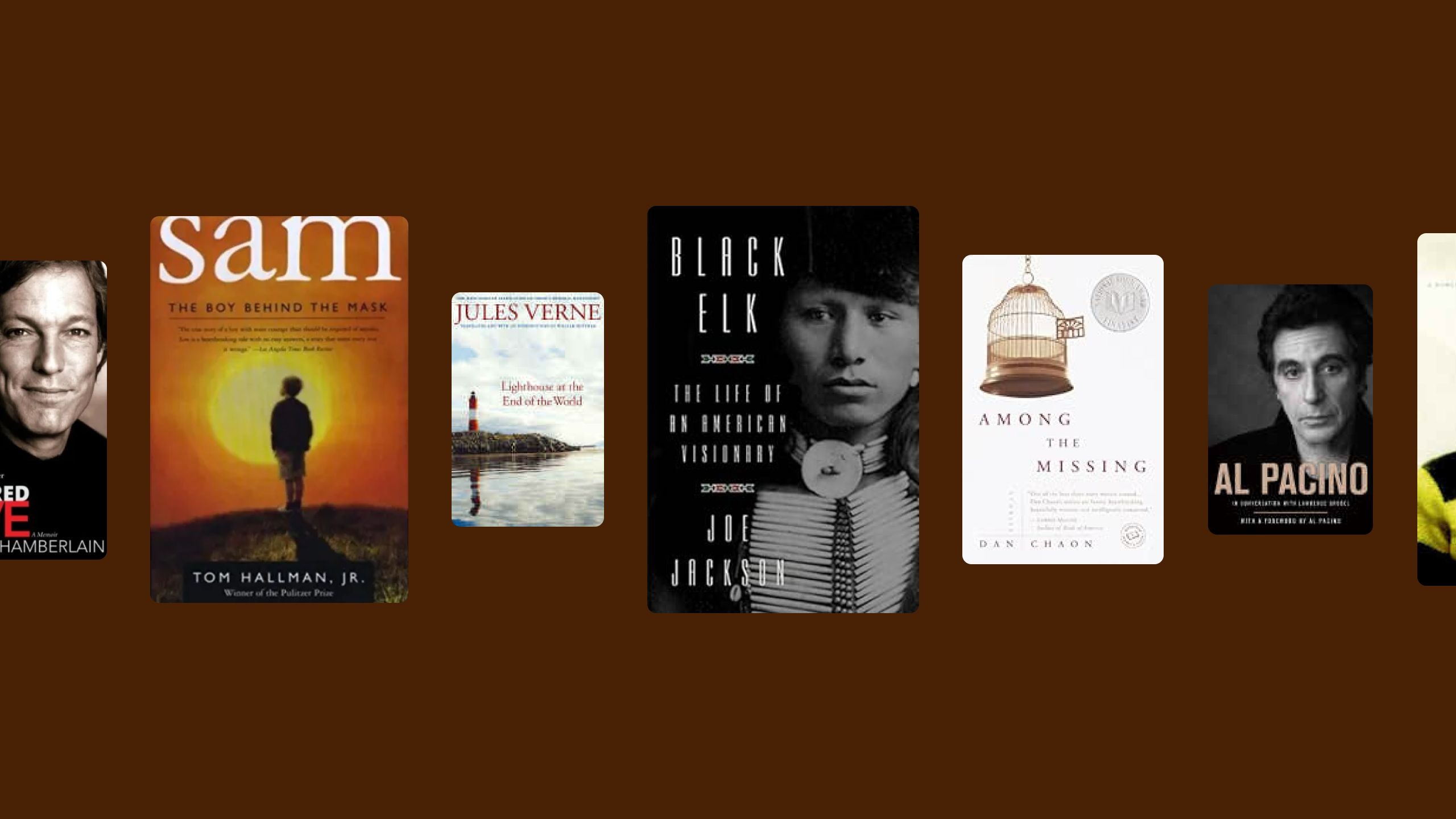 Book covers displayed on a brown background.