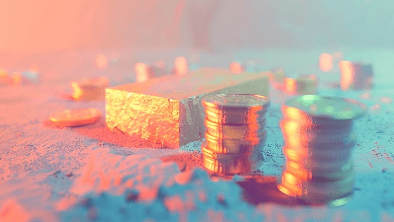 Stacks of coins and a gold bar on a textured surface with colorful lighting.