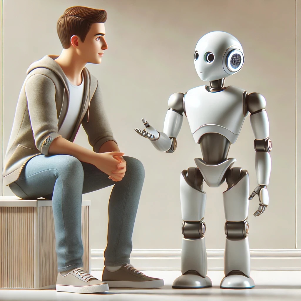 A young man sitting on a bench talking to a friendly-looking robot.