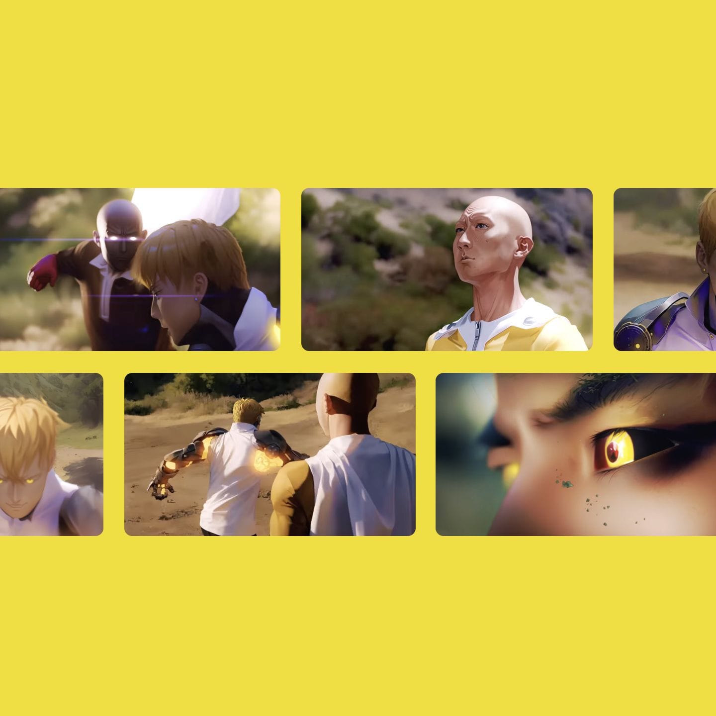 Screenshots from an animated scene featuring characters with glowing eyes, some with robotic or futuristic elements, set outdoors.