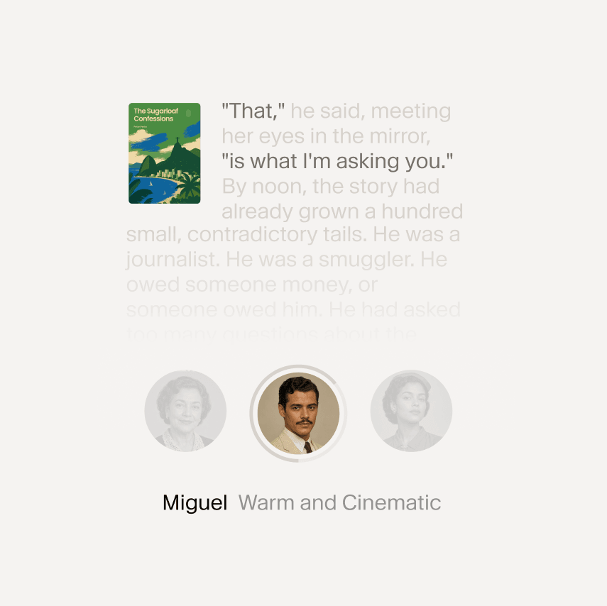 Book text overlay with profile image labeled "Miguel: Warm and Cinematic."