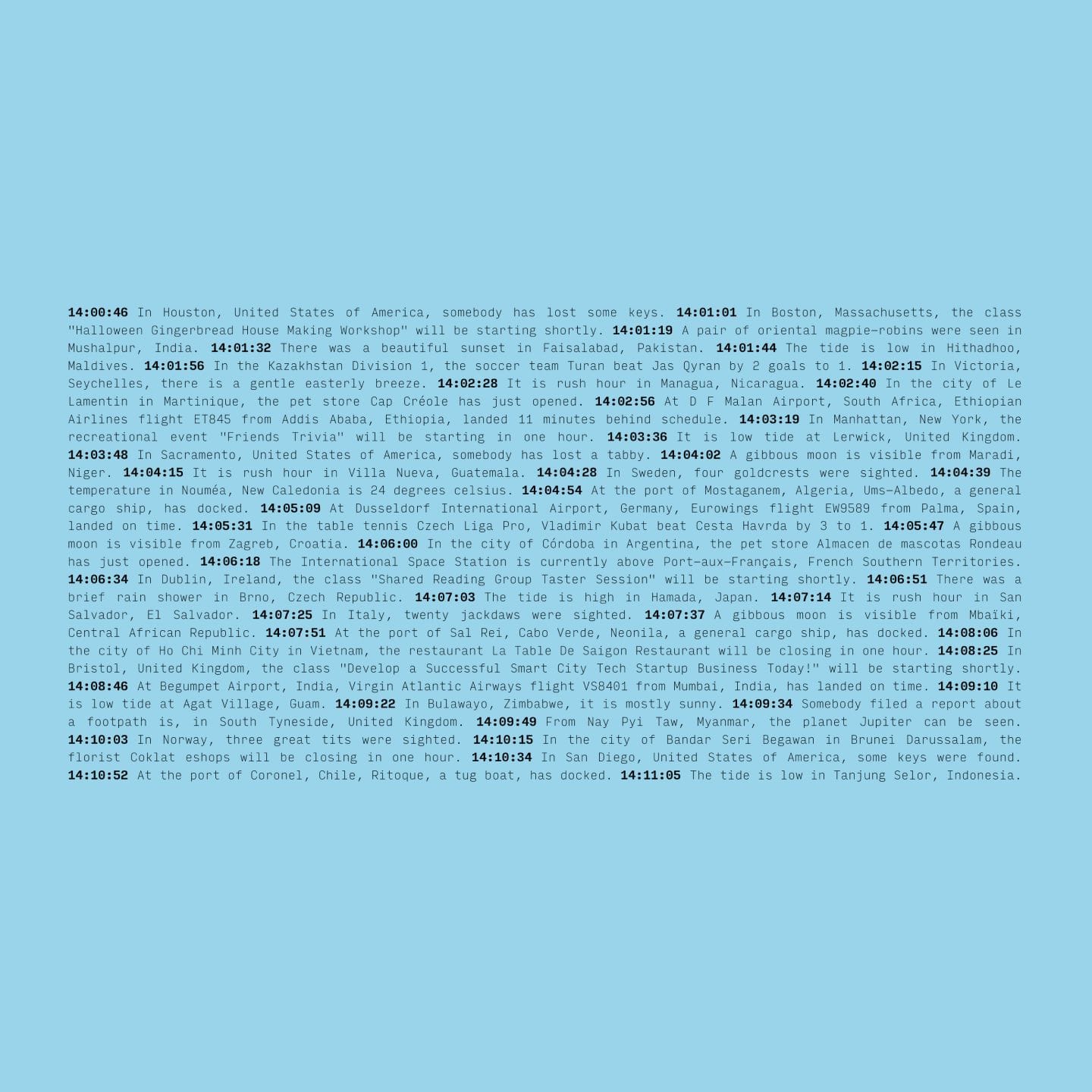 A digital clock displaying various timestamps and news updates on a blue background.