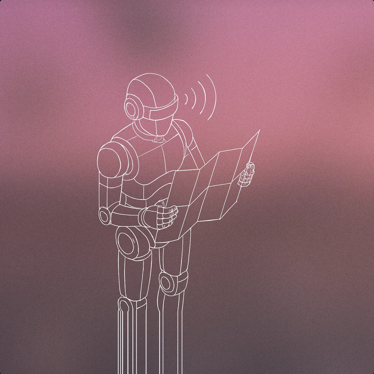 Cover of A stylized humanoid robot holding an open map with a subtle soundwave pattern emanating from its head for AI Tour Guide voice library