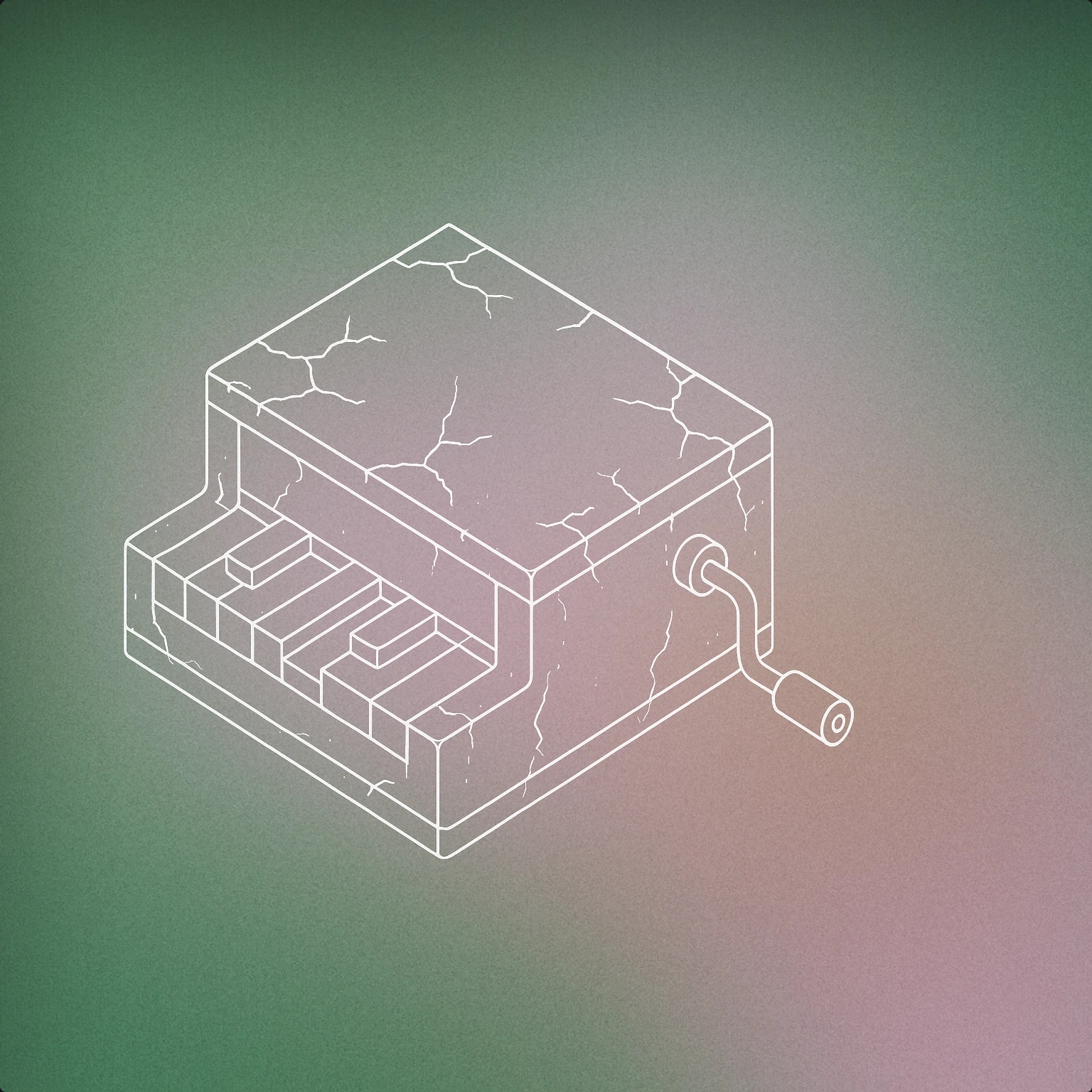 Cover of an old, cracked music box with a single key pressed down for Creepy voice library