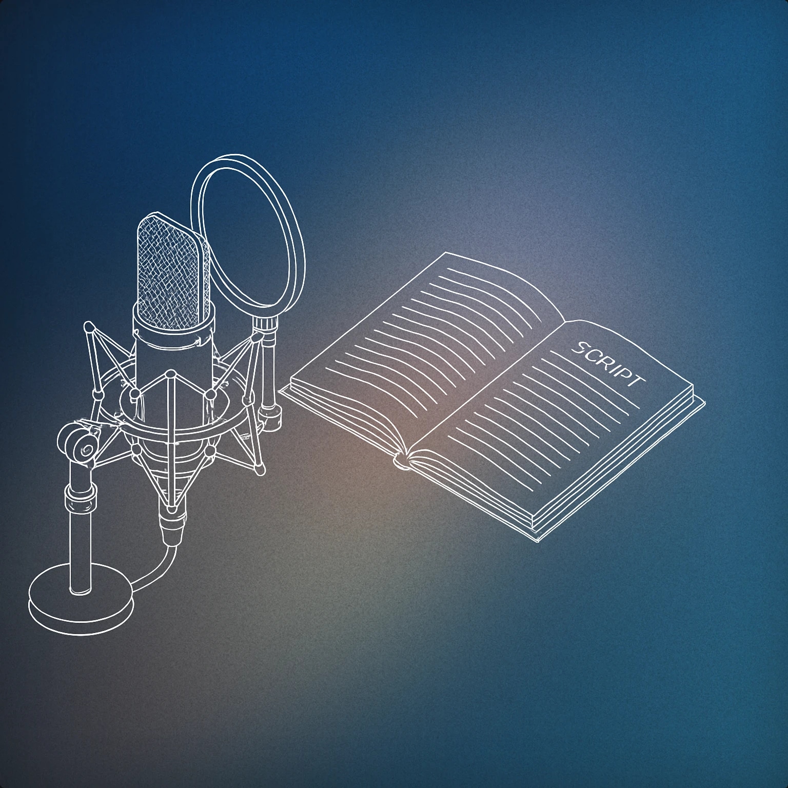 Cover of studio microphone with a pop filter and an open script book for Professional narrator voice library