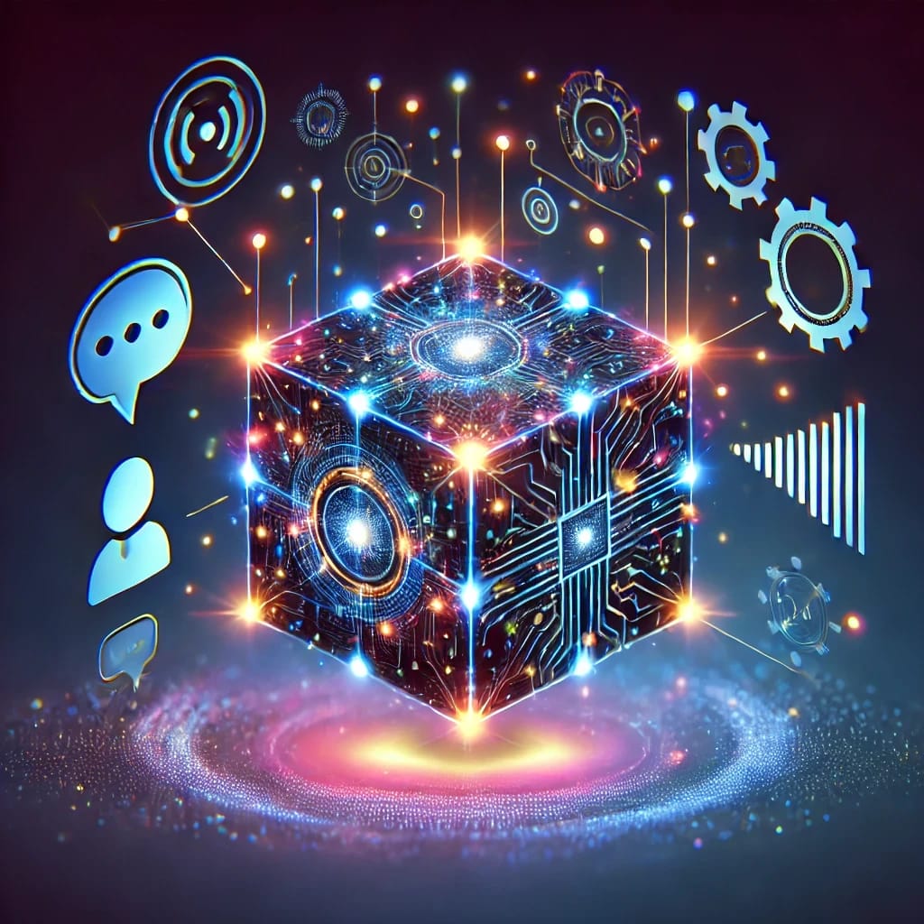 A digital illustration of a glowing, futuristic cube with interconnected circuits and various icons representing communication, settings, and data surrounding it.