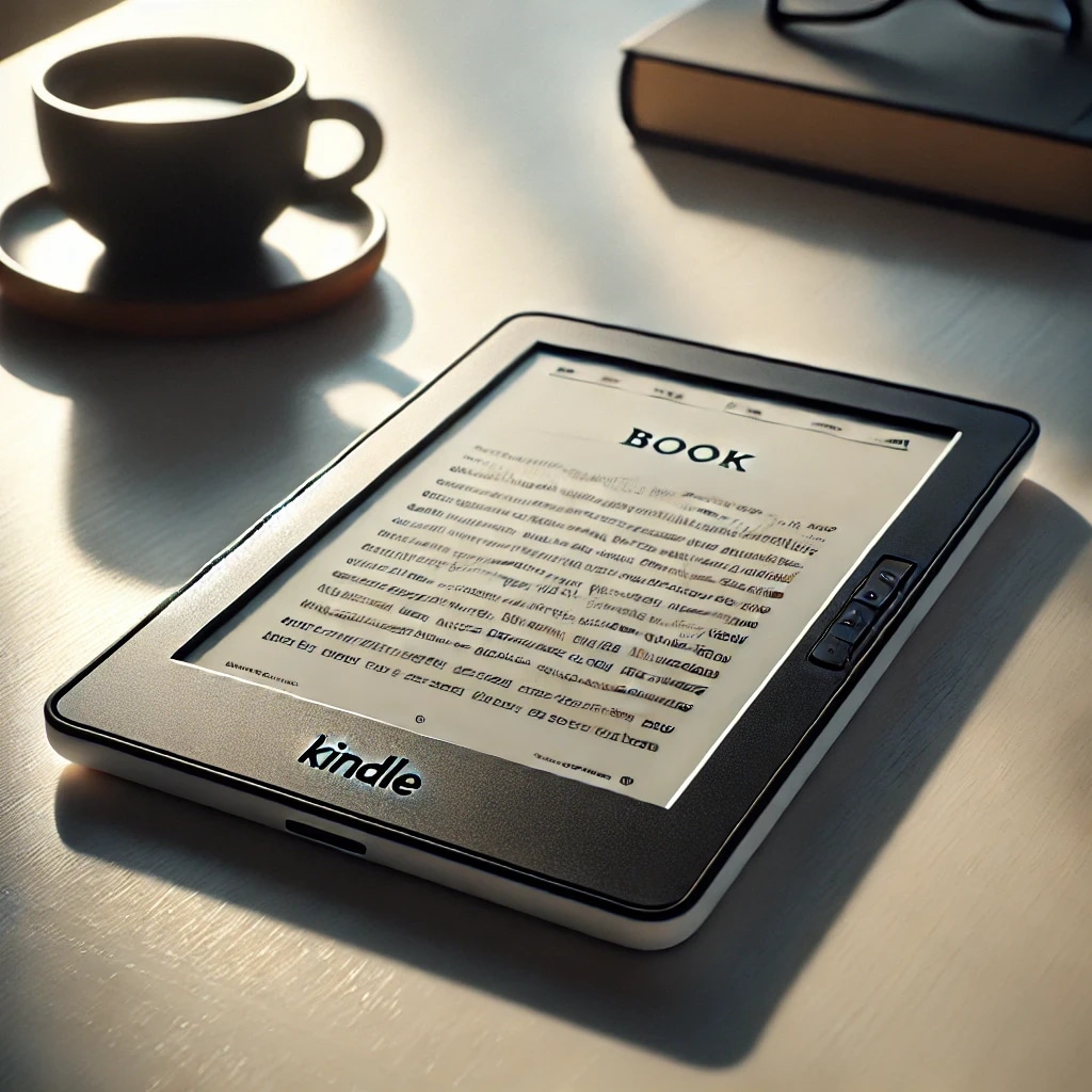 An e-reader displaying a page titled "BOOK" on a desk with a cup of coffee and a closed book nearby.