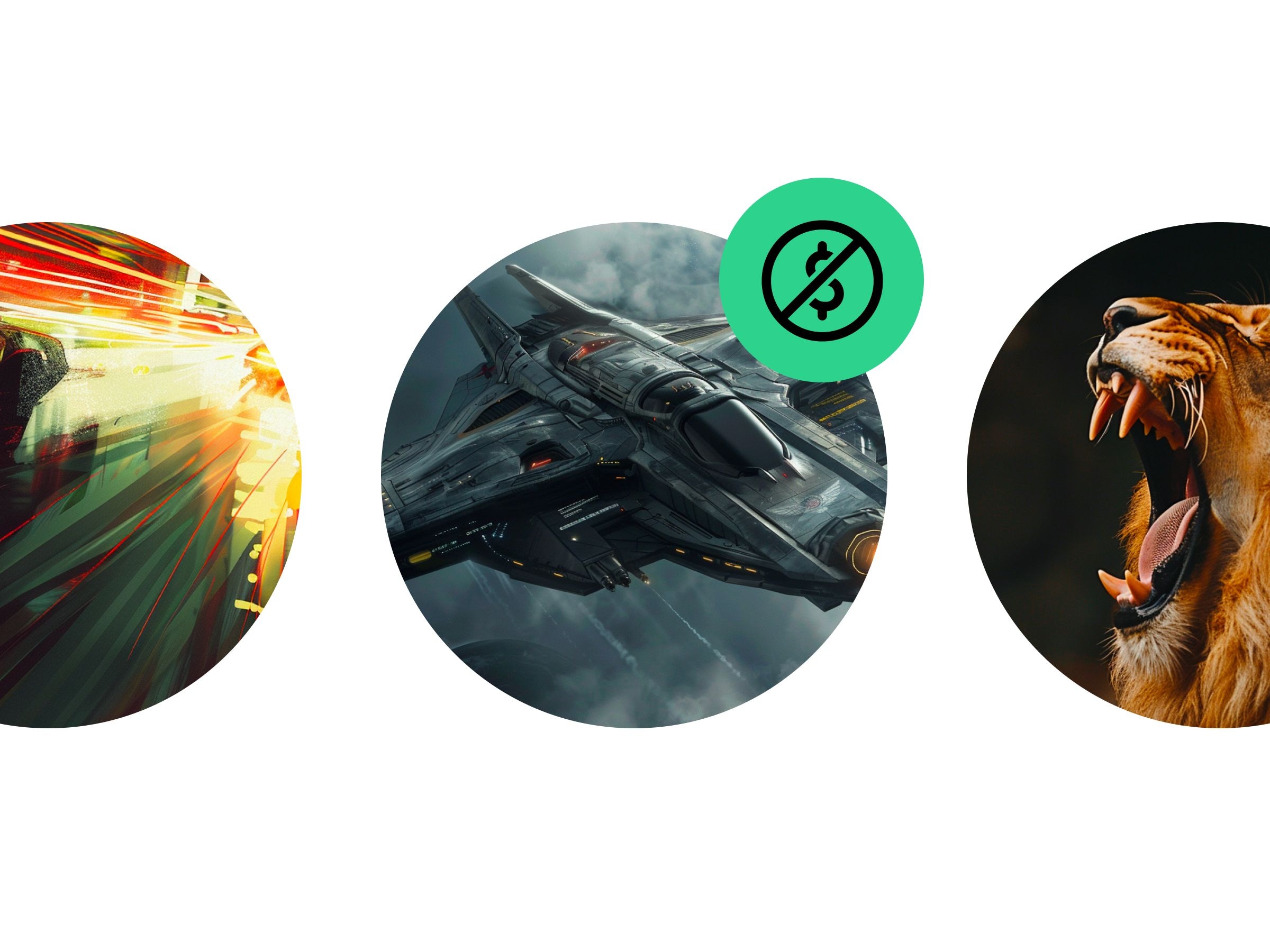 A futuristic spaceship flying through the sky, a roaring lion, and a colorful abstract design.