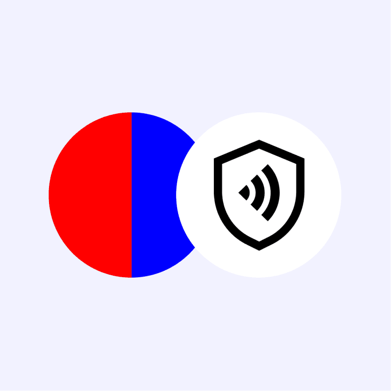 A pie chart with equal red and blue halves next to a shield icon with a Wi-Fi signal inside.