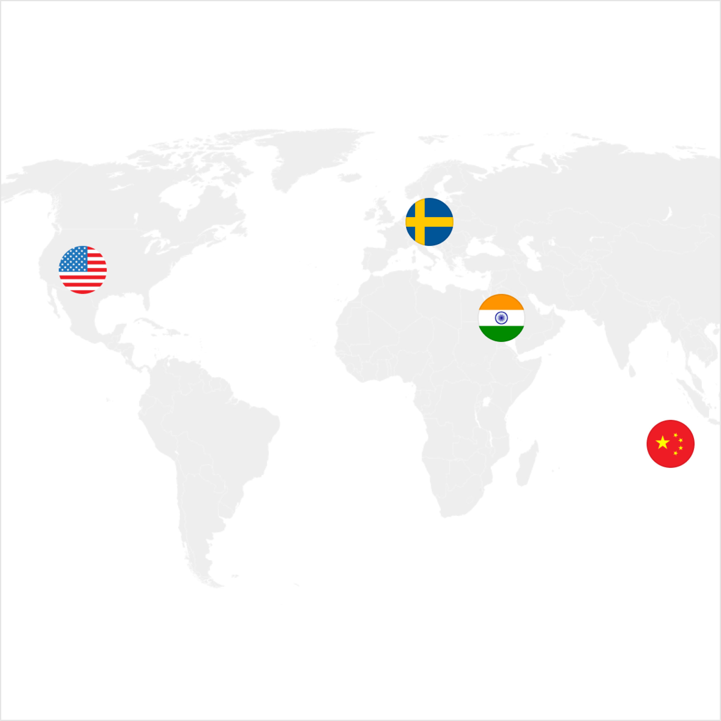 World map with circles featuring the flags of the United States, Sweden, India, and China.